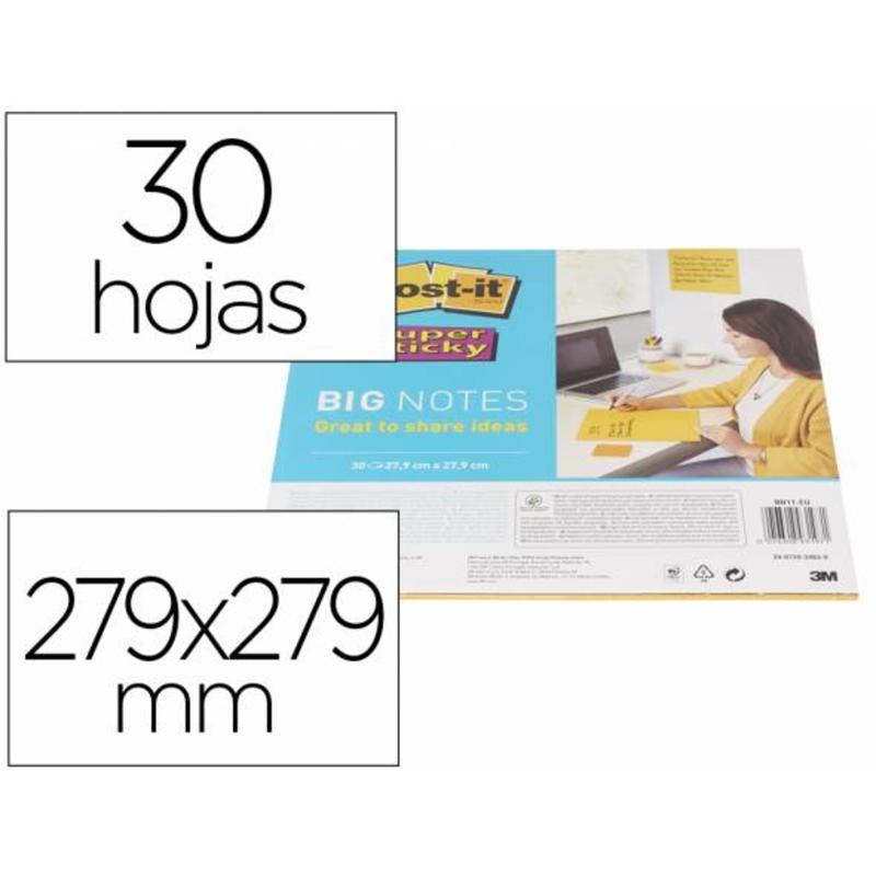 BN11-EU - Bloc de notas adhesivas quita y pon post-it super sticky amarillo 30 hojas 279x279 mm