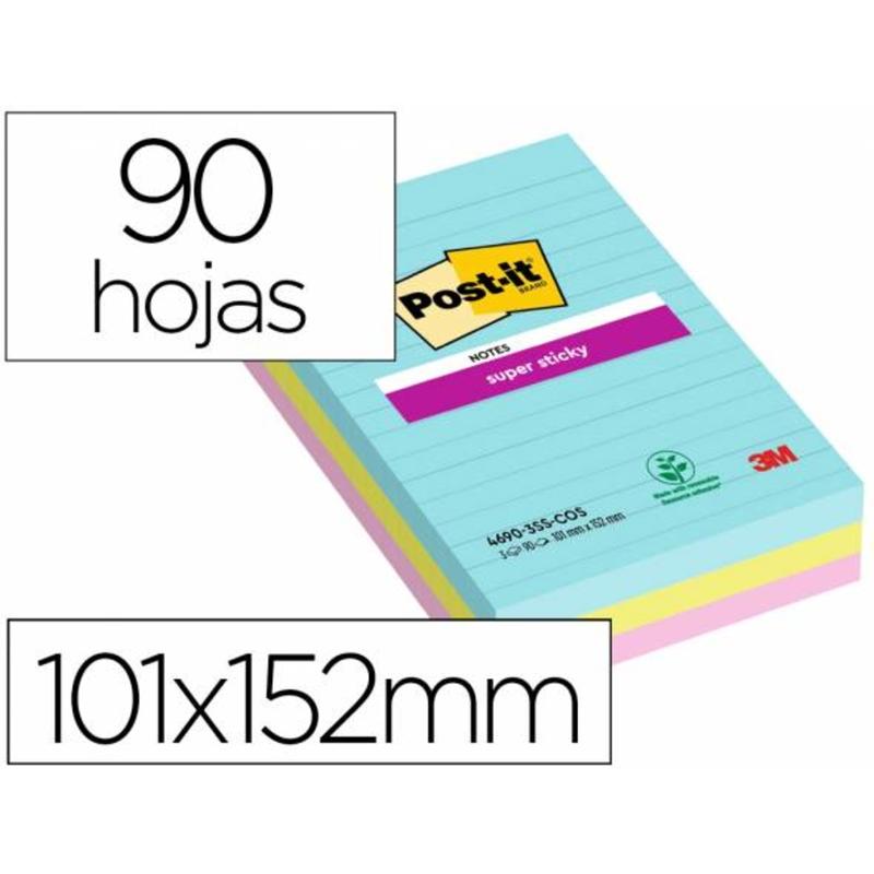 4690-3SS-COS - Bloc de notas adhesivas quita y pon post-it super sticky cosmic rayado 90 hojas 101x152 mm paquete de 3