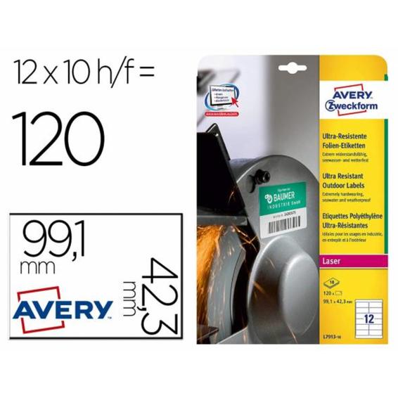 Etiqueta adhesiva avery politileno blanco permanente para laser fotocopiadora 99,1x42,3 mm blister 120 - L7913-10