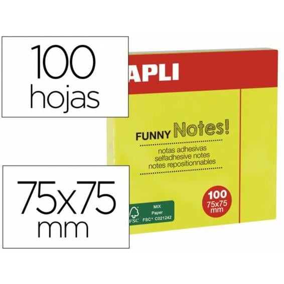 Bloc de notas adhesivas quita y pon apli 75x75 mm amarillo fluorescente con 100 hojas - 11897