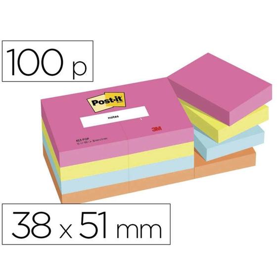 Bloc de notas adhesivas quita y pon post-it poptimistic 38x51 mm con 100 hojas pack de 12 unidades - 7100290158