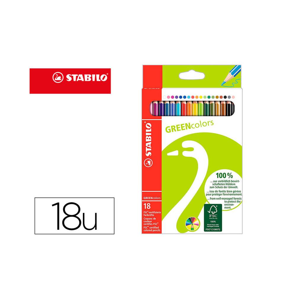 Lapices de colores stabilo green colors con certificado fsc estuche carton de 18 unidades colores surtidos