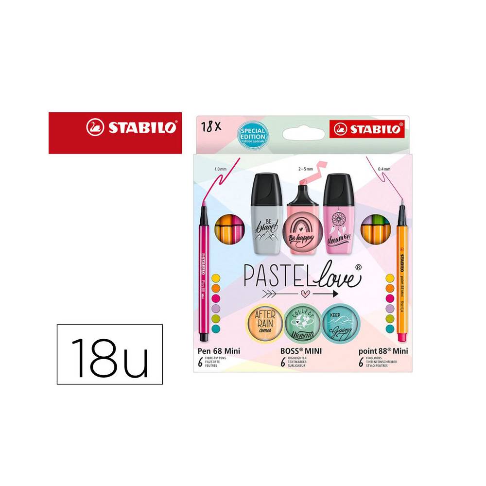 Set stabilo pastel love mini world pen 68 / point 88 / boss 18 unidades surtidas