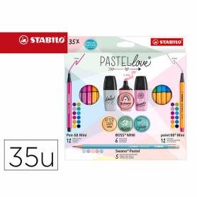 Set stabilo pastel love mini world pen 68 / point 88 / boss / swano 35 unidades surtidas