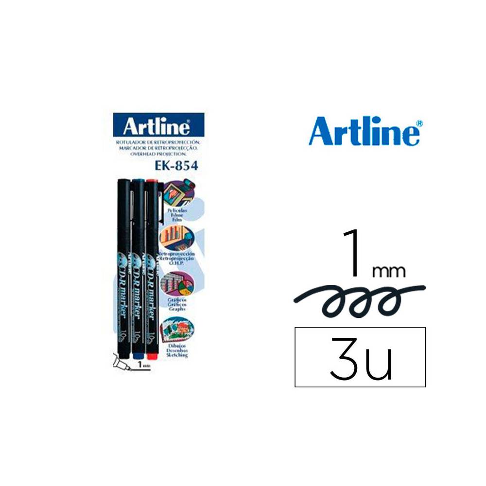 Rotulador artline retroproyeccion punta fibra permanente ek-854 1 mm -blister de 3 (1-ne 1-az 1-ro)