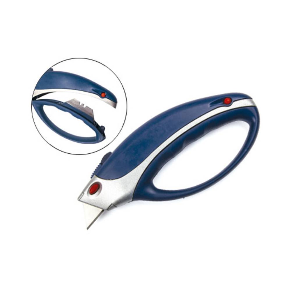 Cuter q-connect xs6200 metalico ancho azul y gris con mango de plastico y compartimento para cuchillas