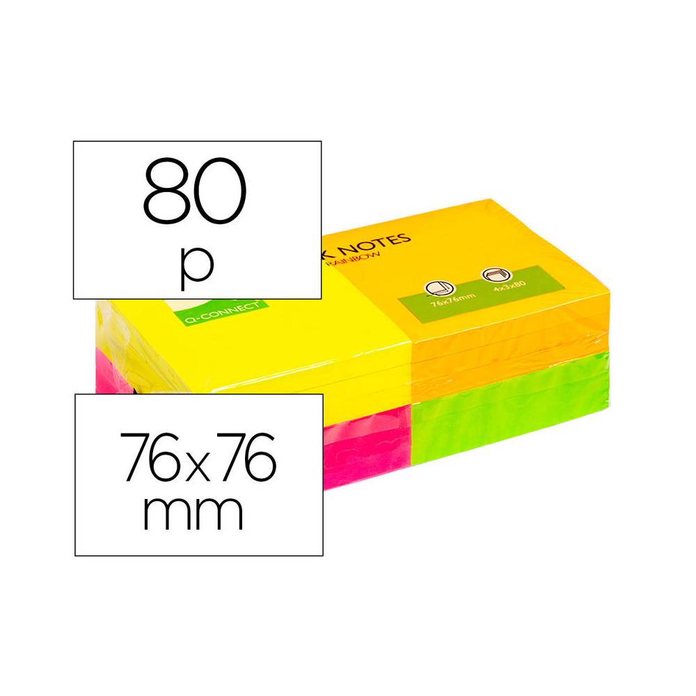 Bloc de notas adhesivas quita y pon q-connect 76x76 mm con 80 hojas fluorescentes pack de 12 surtidas en 4 colores