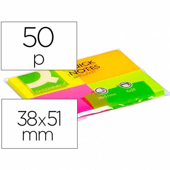 Bloc de notas adhesivas quita y pon q-connect 38x51 mm con 50 hojas fluorescentes pack de 4 unidades