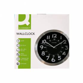 Reloj q-connect de pared metalico redondo 25 cm movimiento silencioso color negro con esfera cromado