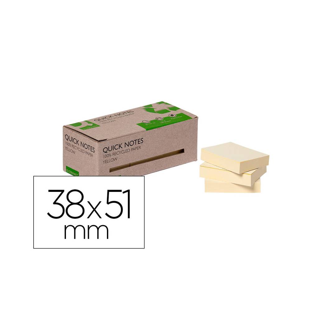 Bloc de notas adhesivas quita y pon q-connect 38x51 mm 100% papel reciclado amarillo en caja de carton