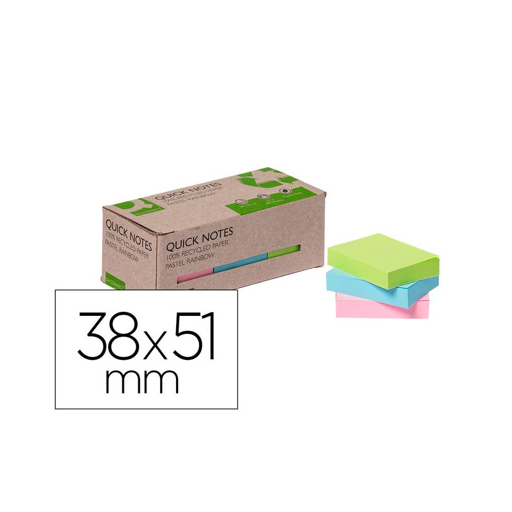 Bloc de notas adhesivas quita y pon q-connect 38x51 mm 100% papel reciclado colores pasteles en caja de carton