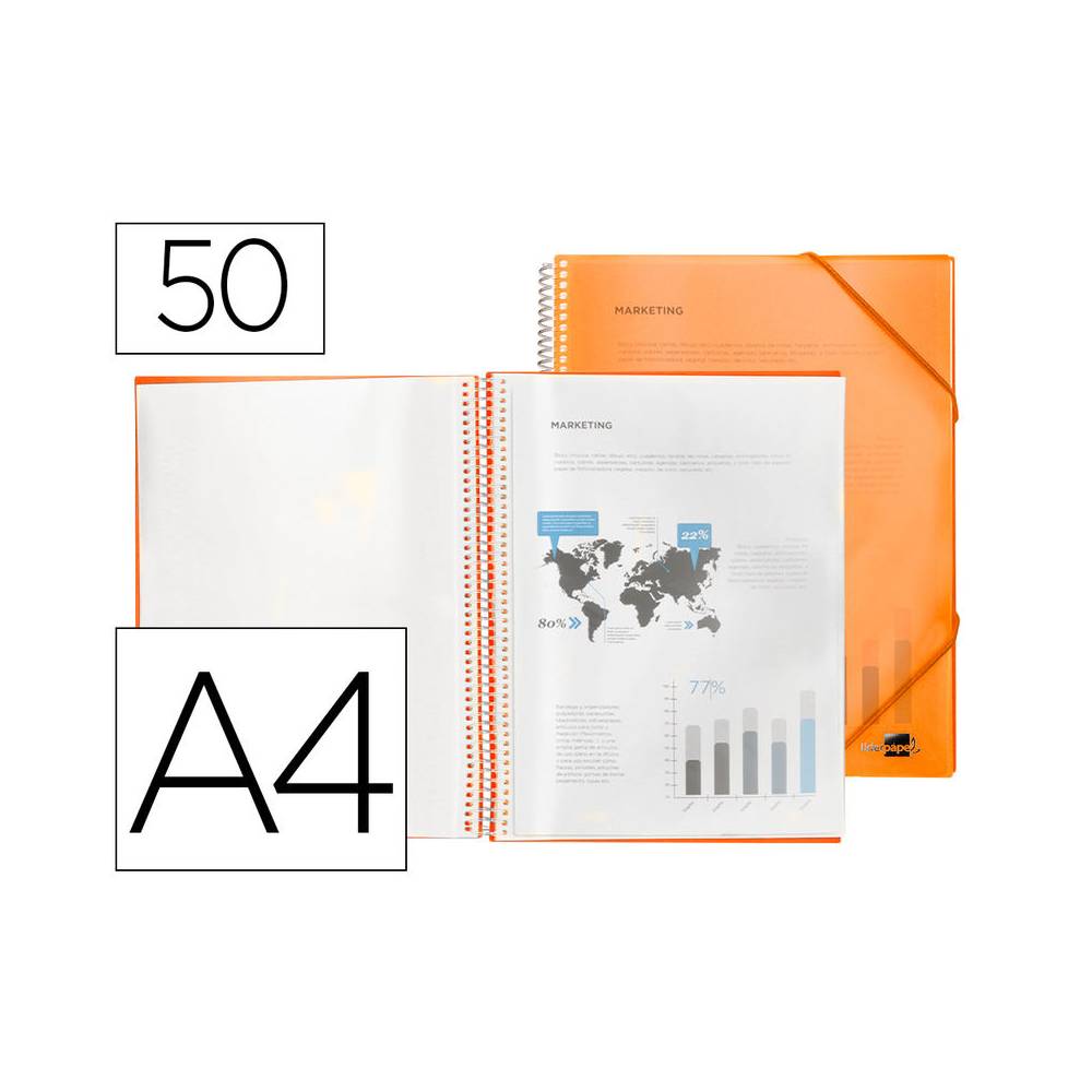 Carpeta liderpapel escaparate con espiral 50 fundas polipropileno din a4 naranja