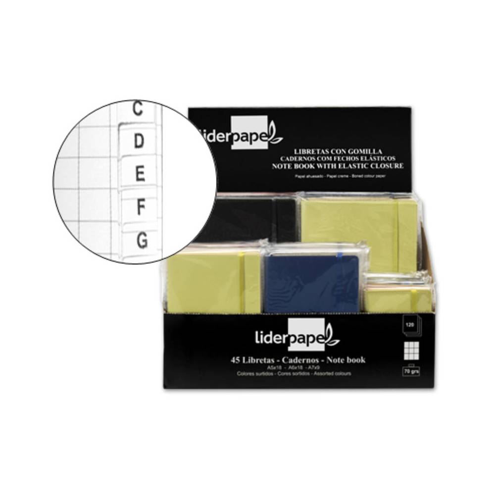 Libreta liderpapel simil piel 120 hojas 70g/m2 cuadro 4mm + indice expositor de 45 unidades colores surtidos