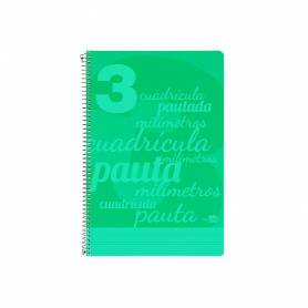 Cuaderno espiral liderpapel folio pautaguia tapa plastico 80h 75gr cuadro pautado 3mm con margen color verde