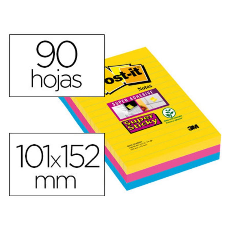 Bloc de notas adhesivas quita y pon post-it super sticky 101x152 mm con 90 hojas rayado pack de 3 bloc colores