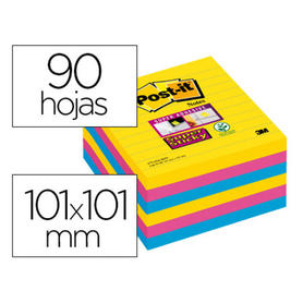 Bloc de notas adhesivas quita y pon post-it super sticky 101x101 mm con 90 hojas rayado pack de 6 bloc colores