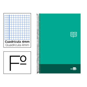 Cuaderno espiral liderpapel folio discover tapa blanda 80h 80 gr cuadro 4mm con margen color verde pino