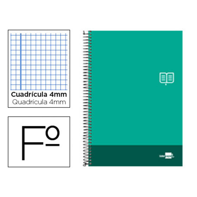 Cuaderno espiral liderpapel folio discover tapa blanda 80h 80 gr cuadro 4mm con margen color verde pino