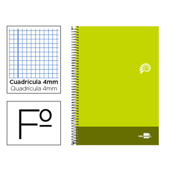 Cuaderno espiral liderpapel folio discover tapa blanda 80h 80 gr cuadro 4mm con margen color verde lima