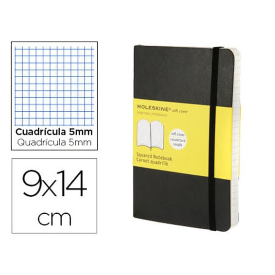 Libreta moleskine tapa blanda cuadro 5 mm 192 hojas color negro cierre con goma 90x140 mm