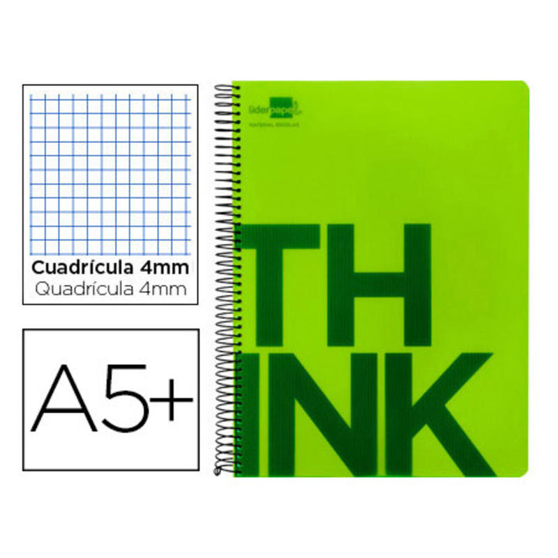 Cuaderno espiral liderpapel cuarto think tapa plastico 80h 80 gr cuadro 4mm con margen color verde