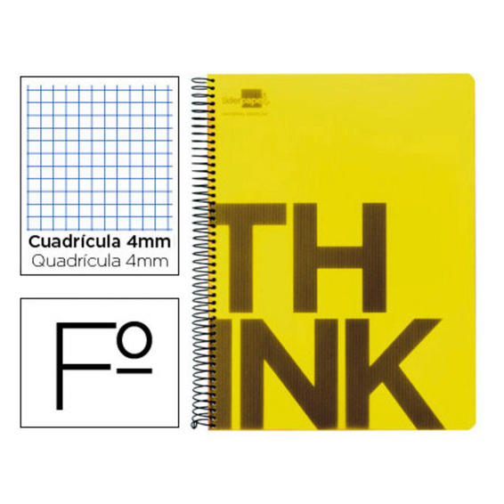 Cuaderno espiral liderpapel folio think tapa plastico 80h 80 gr cuadro 4mm con margen color amarillo