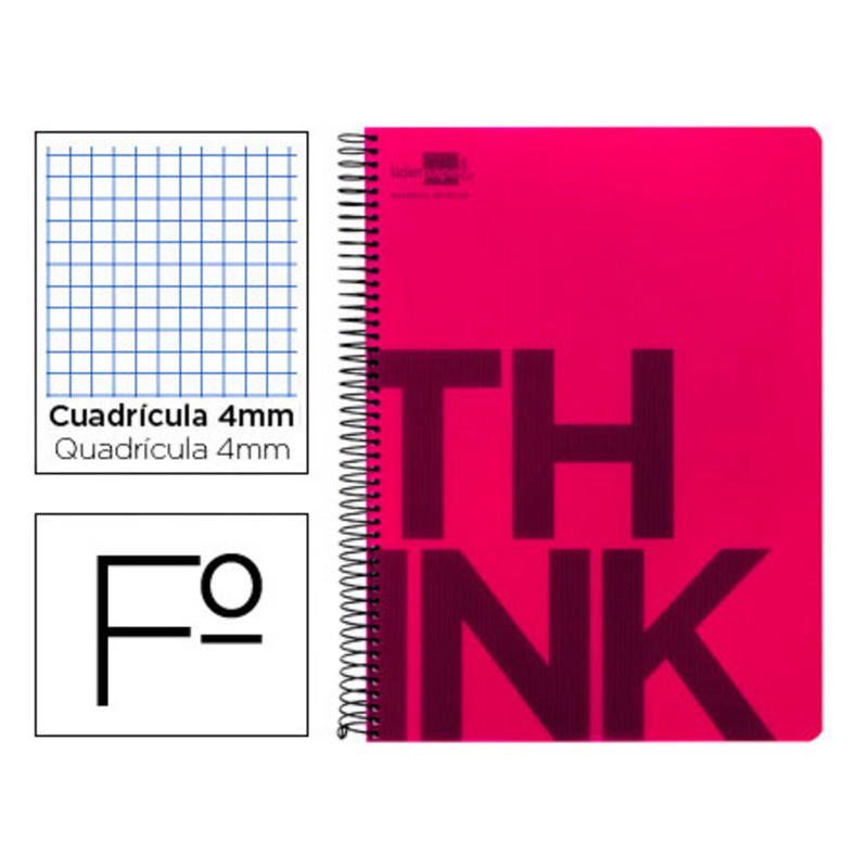 Cuaderno espiral liderpapel folio think tapa plastico 80h 80 gr cuadro 4mm con margen color rosa