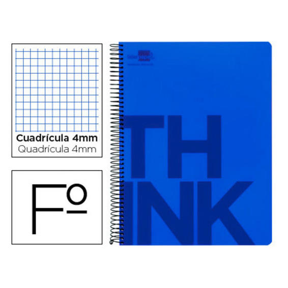 Cuaderno espiral liderpapel folio think tapa plastico 80h 80 gr cuadro 4mm con margen color azul