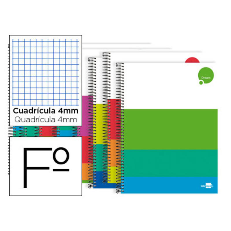 Cuaderno espiral liderpapel folio dream tapa dura 80h 80 gr cuadro 4mm con margen colores surtidos