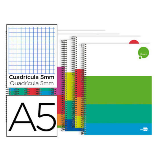 Cuaderno espiral liderpapel a5 micro dream tapa dura 140h 80 gr cuadro 5mm 5 bandas 6 taladros colores surtidos