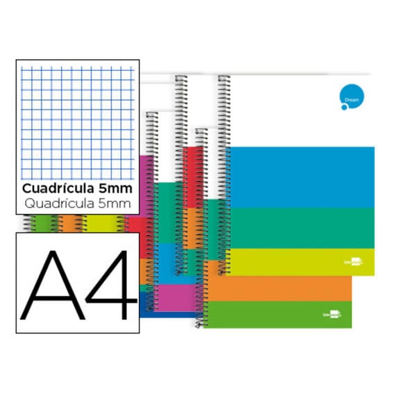 Cuaderno espiral liderpapel a4 micro dream tapa dura 140h 80 gr cuadro 5mm 5 bandas 4 taladros colores surtidos