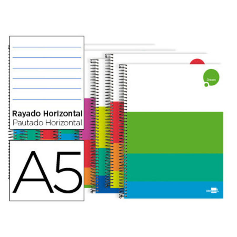 Cuaderno espiral liderpapel a5 micro dream tapa dura 140h 80 gr horizontal 5 bandas 6 taladros colores surtidos