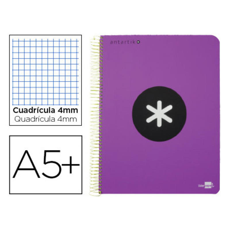Cuaderno espiral liderpapel a5 antartik tapa dura 80h 100 gr cuadro 5mm con margen color violeta