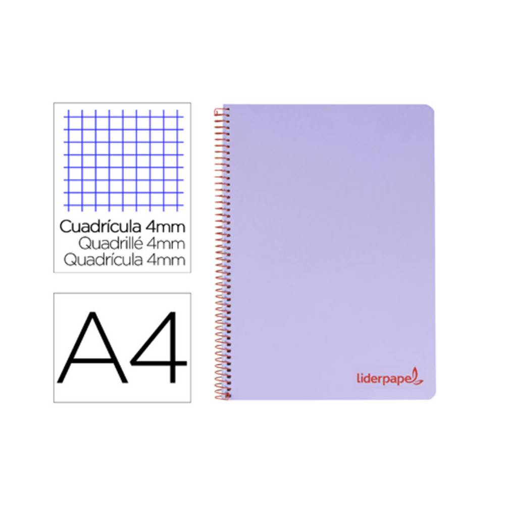 Cuaderno espiral liderpapel a4 wonder tapa plastico 80h 90gr cuadro 4mm con margen color violeta