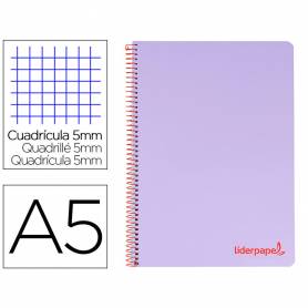 Cuaderno espiral liderpapel a5 micro wonder tapa plastico 120h 90g cuadro 5mm 5 bandas 6 taladros color violeta