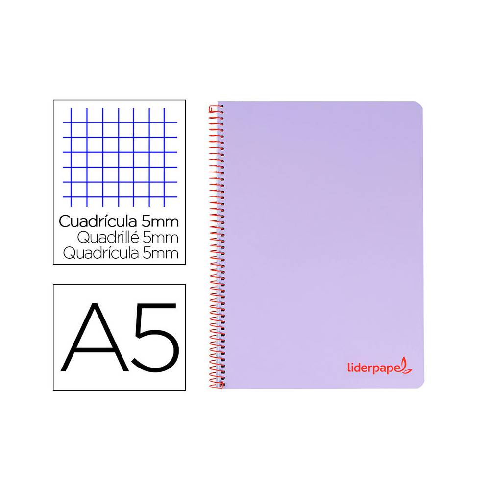 Cuaderno espiral liderpapel a5 micro wonder tapa plastico 120h 90g cuadro 5mm 5 bandas 6 taladros color violeta