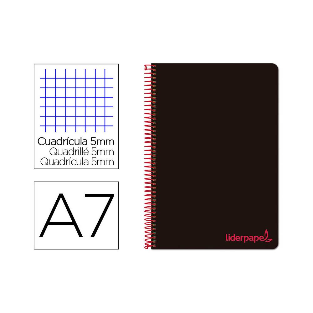 Cuaderno espiral liderpapel a7 micro wonder tapa plastico 100h 90 gr cuadro 5mm 4 bandas color negro