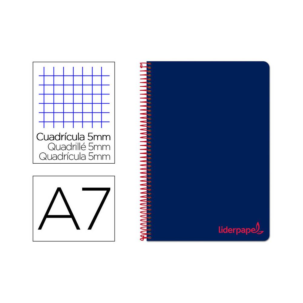Cuaderno espiral liderpapel a7 micro wonder tapa plastico 100h 90 gr cuadro 5mm 4 bandas color azul marino
