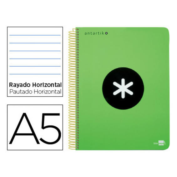 Cuaderno espiral liderpapel a5 micro antartik tapa plastico 120h 100 gr horizontal 5 bandas 6 taladros color verde flulu