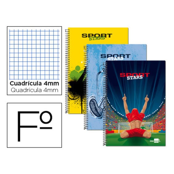 Cuaderno espiral liderpapel folio 80h cuadro 4mm tapa blanda 60 gr fantasia sport stars