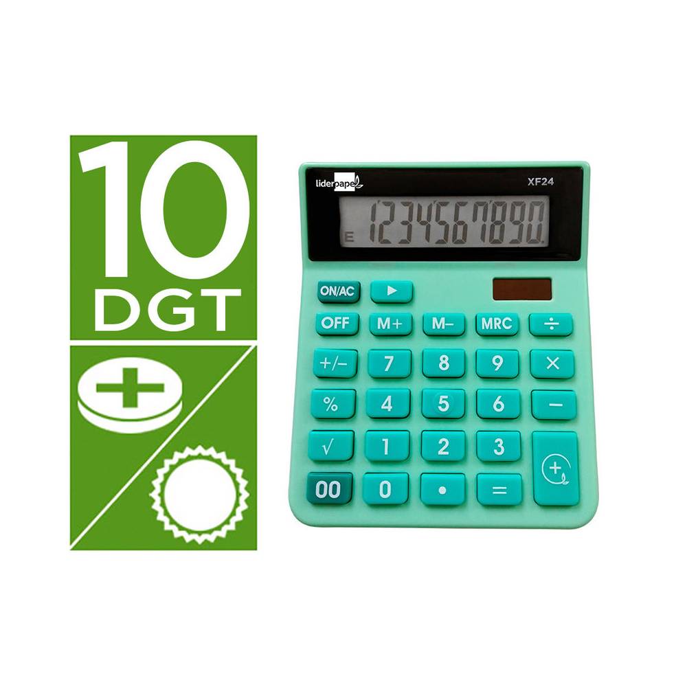 Calculadora liderpapel sobremesa xf24 10 digitos solar y pilas color verde 127x105x24 mm