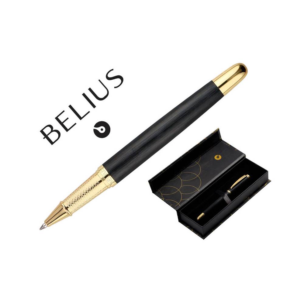 Boligrafo belius passion dor aluminio textura cepillada color negro y dorado tinta azul caja de diseño - BB238