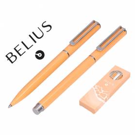 Juego boligrafo y roller belius endless summer aluminio color naranja y plateado tinta azul caja de diseño - BB310
