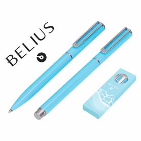 Juego boligrafo y roller belius endless summer aluminio color celeste y plateado tinta azul caja de diseño - BB313