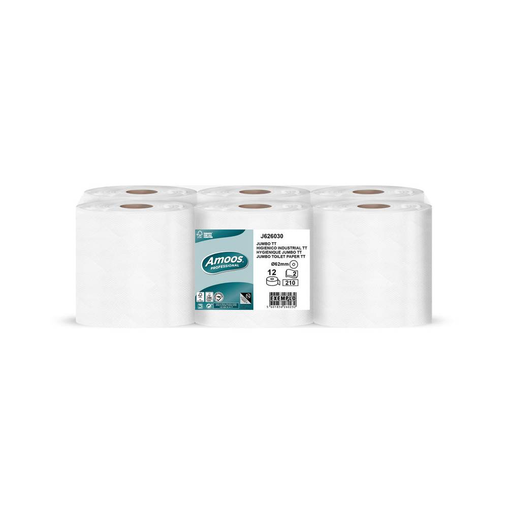 Papel higienico amoos jumbo industrial 2 capas 30g m2 paquete de 12 rollos - J626030