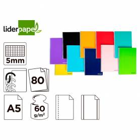 Cuaderno espiral liderpapel a5 micro smart tapa blanda 80h60gr cuadro 5mm 6 taladros colores surtidos