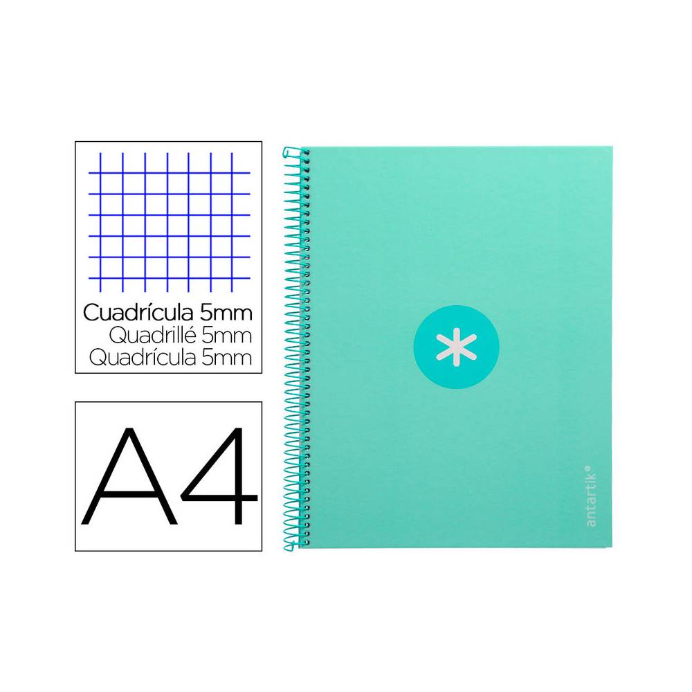 Cuaderno espiral liderpapel a4 micro antartik tapa forrada 80h 90 gr cuadro 5mm 1 banda 4 taladros menta