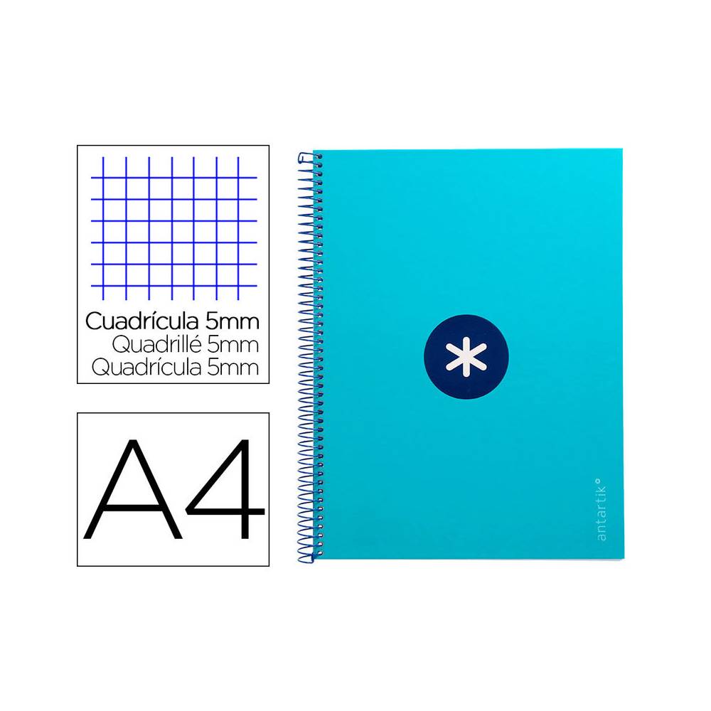 Cuaderno espiral liderpapel a4 micro antartik tapa forrada 80h 90 gr cuadro 5mm 1 banda 4 taladros turquesa