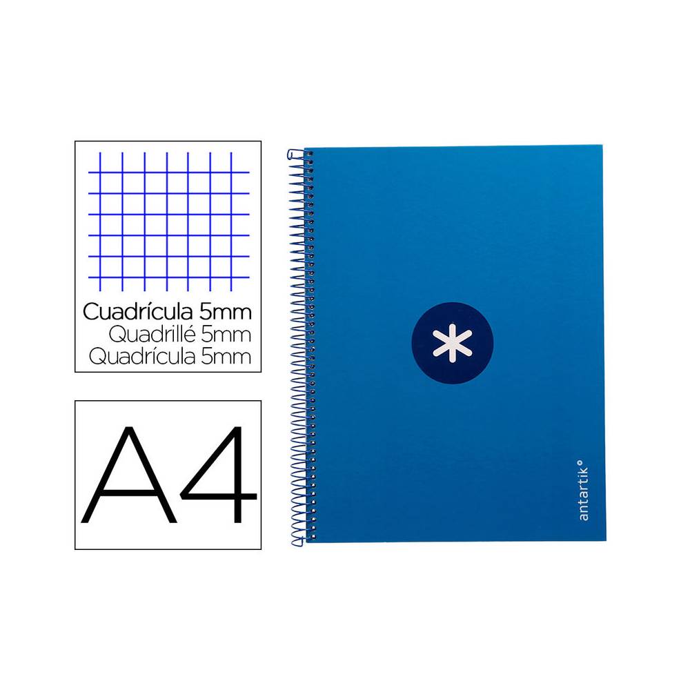 Cuaderno espiral liderpapel a4 micro antartik tapa forrada 80h 90 gr cuadro 5mm 1 banda 4 taladros azul oscuro