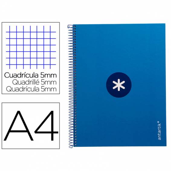 Cuaderno espiral liderpapel a4 micro antartik tapa forrada 80h 90 gr cuadro 5mm 1 banda 4 taladros azul oscuro